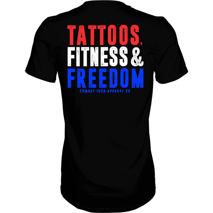 Men’s black t-shirt with the words “Tattoos, fitness & freedom” in red, white, and blue on the front #color_black