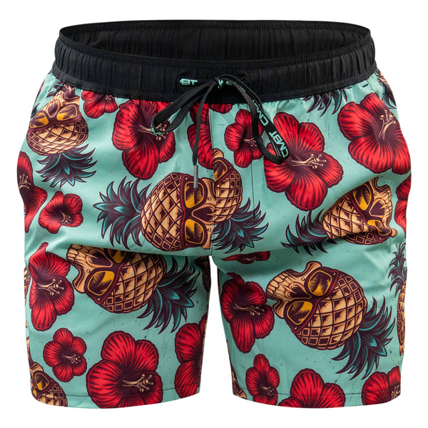 Men’s hybrid training and swim shorts with skulls, pineapples, and flowers #color_teal-pineapple-express