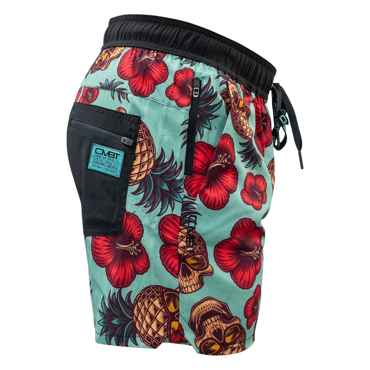 Men’s hybrid training and swim shorts with skulls, pineapples, and flowers #color_teal-pineapple-express