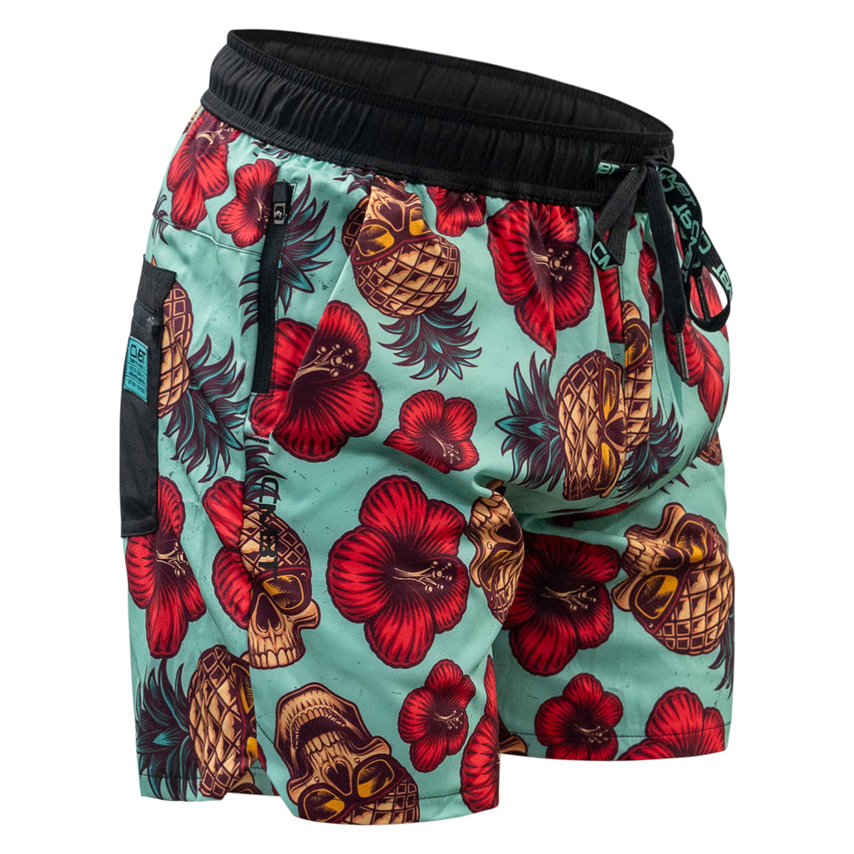 Men’s hybrid training and swim shorts with skulls, pineapples, and flowers #color_teal-pineapple-express