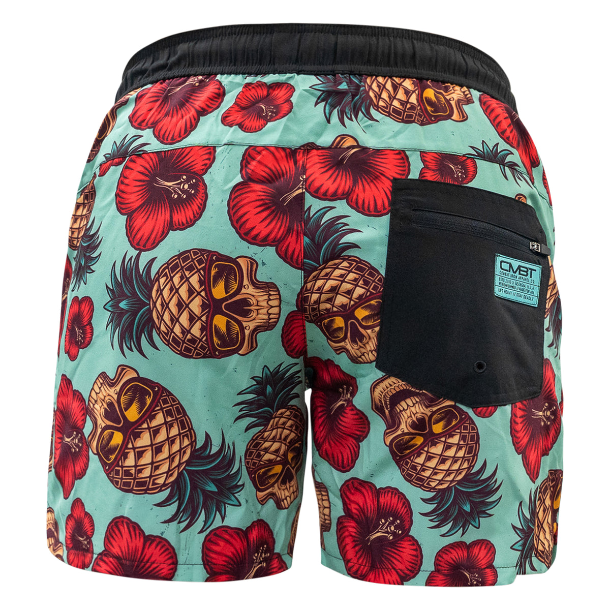 Men’s hybrid training and swim shorts with skulls, pineapples, and flowers #color_teal-pineapple-express