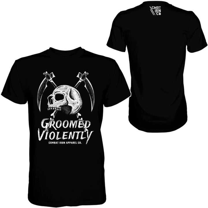 Men’s black t-shirt with the words “Groomed violently” with a skull and two sickles on the front #color_black