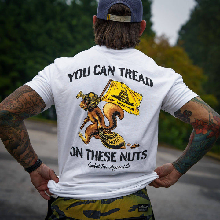 Tread On These Nuts Patriotic Men's T-Shirt [Black, White & Tan]