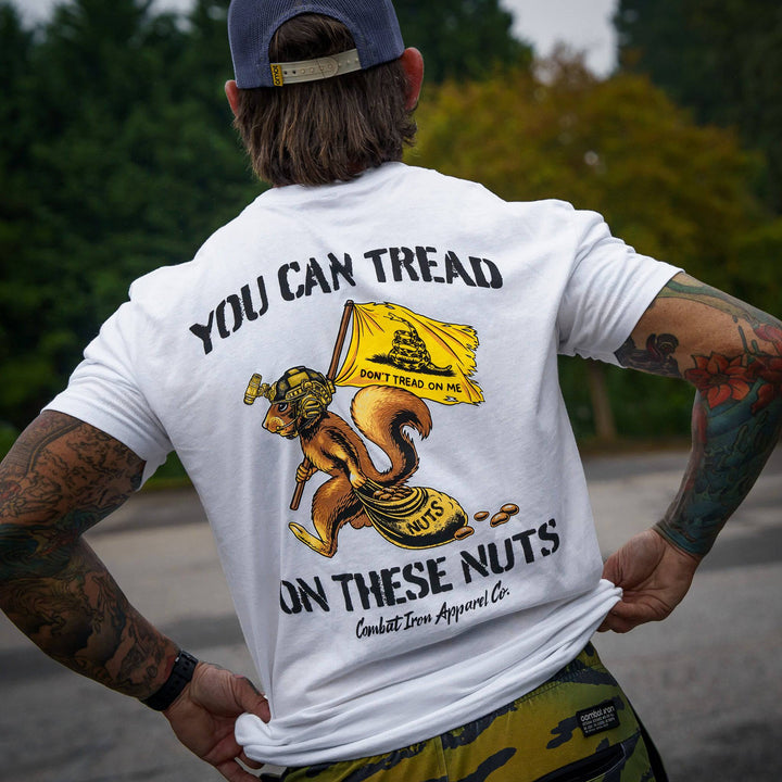 Tread On These Nuts Patriotic Men's T-Shirt [Black, White & Tan]