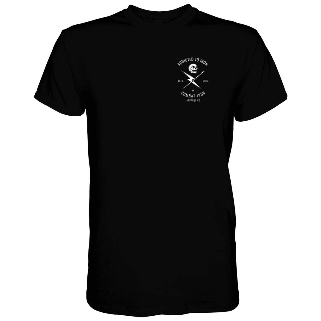 Men’s black t-shirt with the print that says “Addicted to iron, combat iron” and a bolt, a barbell, and a skull in the front, all in white #color_black