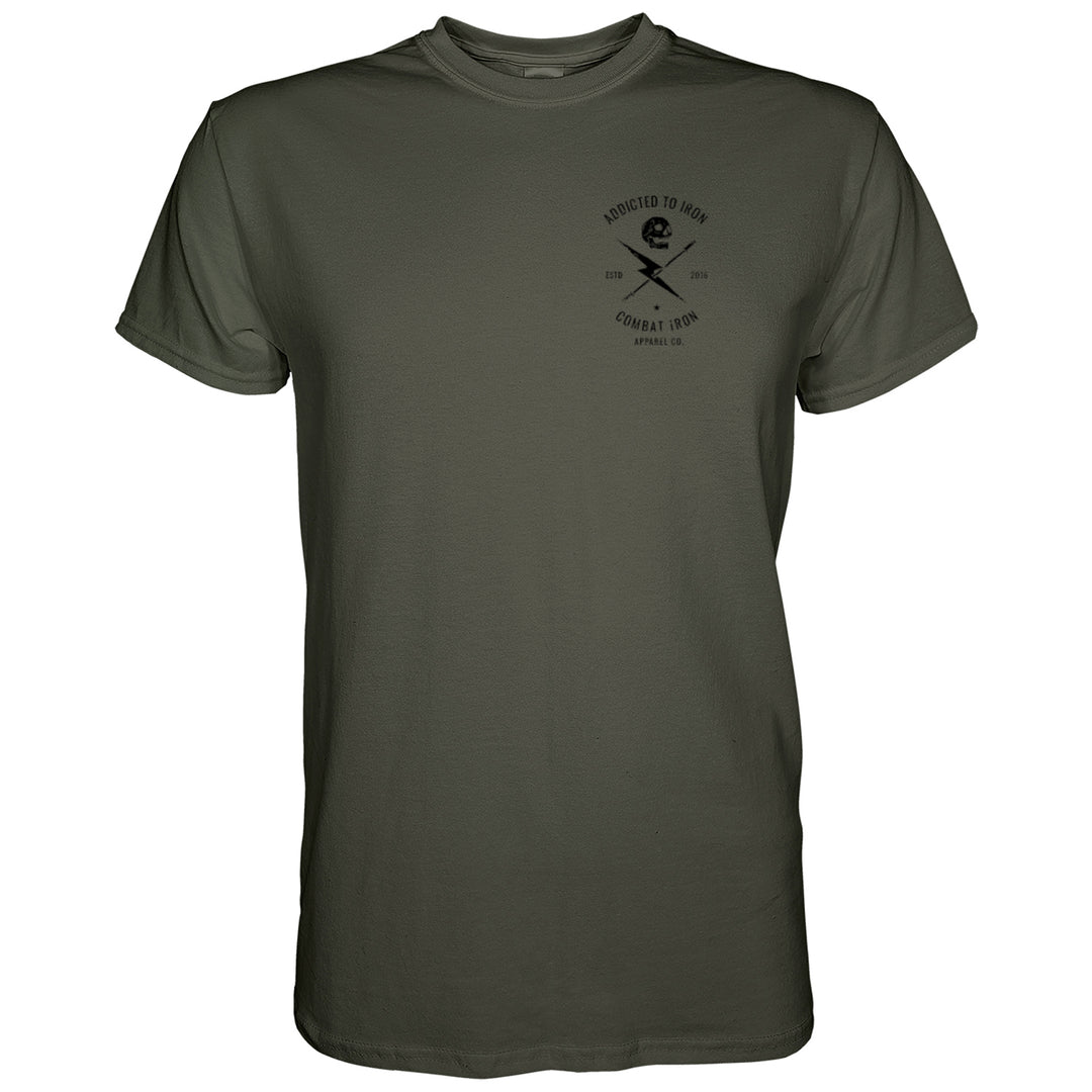 Men’s black t-shirt with the print that says “Addicted to iron, combat iron” and a bolt, a barbell, and a skull in the front, all in white #color_military-green