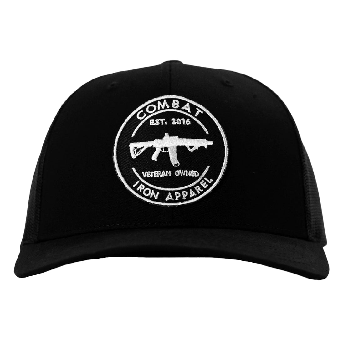 Combat Iron M4 patch, mid-profile snapback hat in black and white #color_black-black