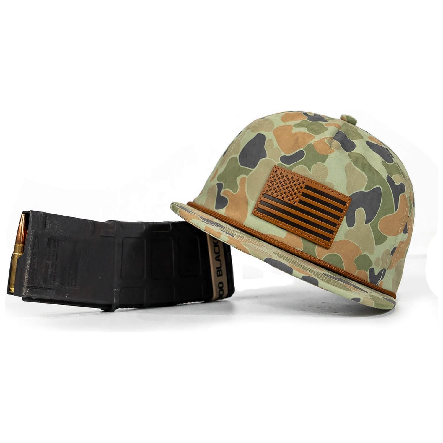 AMERICAN FLAG PATCH CRUSHABLE ROPE SNAPBACK | FROGSKIN DUCK CAMO HAT