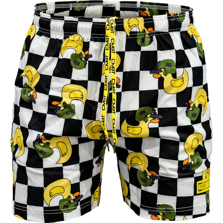 Men’s performance training shorts with black and white checkered design and ducks