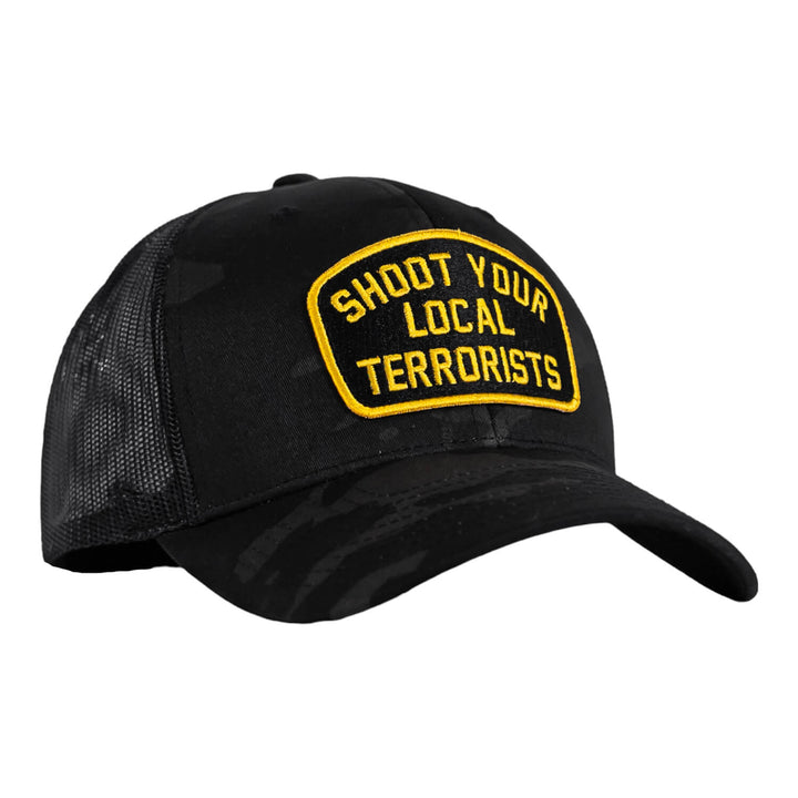 Mid-profile mesh snapback hat in black with a patch that says “Shoot your local terrorists” in yellow #color_black-bdu-black
