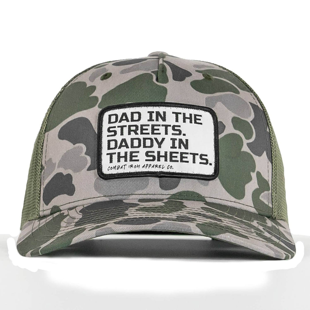 Dad In The Streets. Daddy In The Sheets. White Patch Snapback Hat