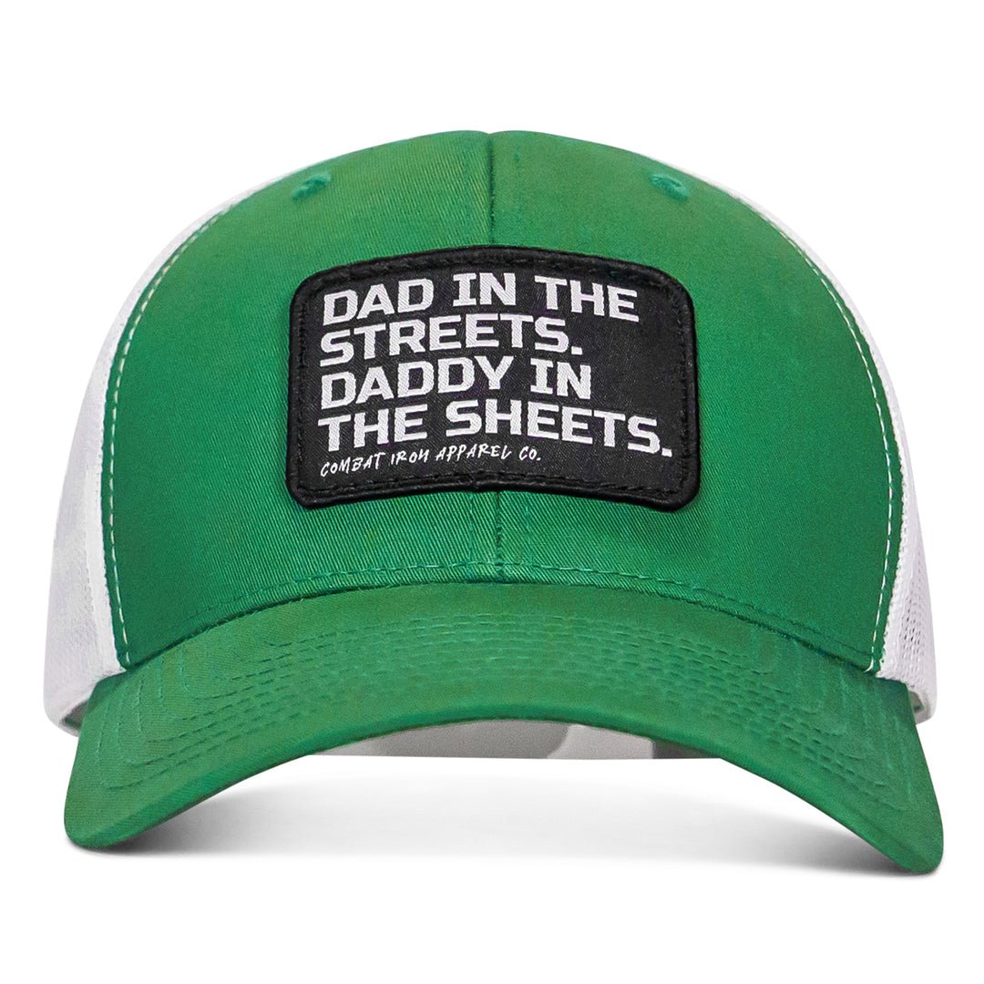 DAD IN THE STREETS. DADDY IN THE SHEETS. BLACK PATCH SNAPBACK HAT