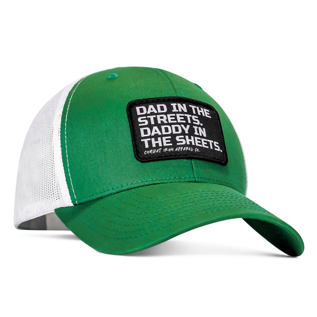 DAD IN THE STREETS. DADDY IN THE SHEETS. BLACK PATCH SNAPBACK HAT