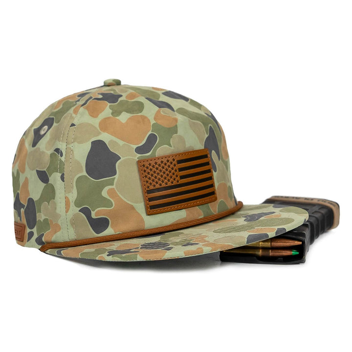 AMERICAN FLAG PATCH CRUSHABLE ROPE SNAPBACK | FROGSKIN DUCK CAMO