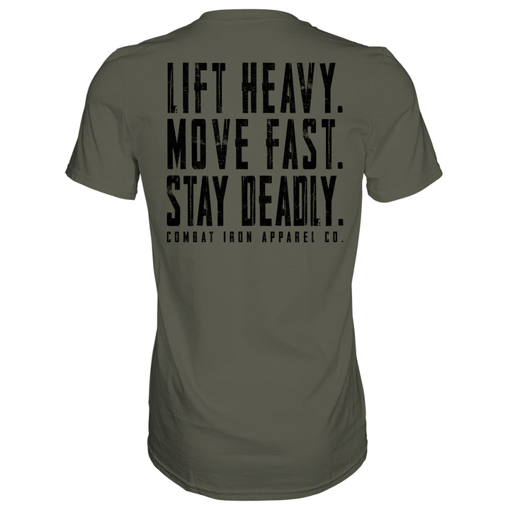 Lift heavy. Move fast. Stay deadly. Men’s t-shirt in black #color_military-green