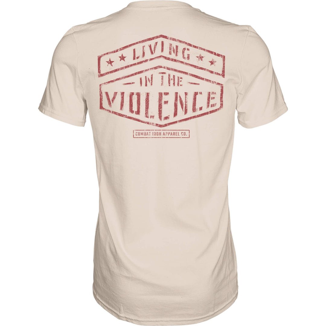 Men’s t-shirt with the words “Living in the violence” #color_tan