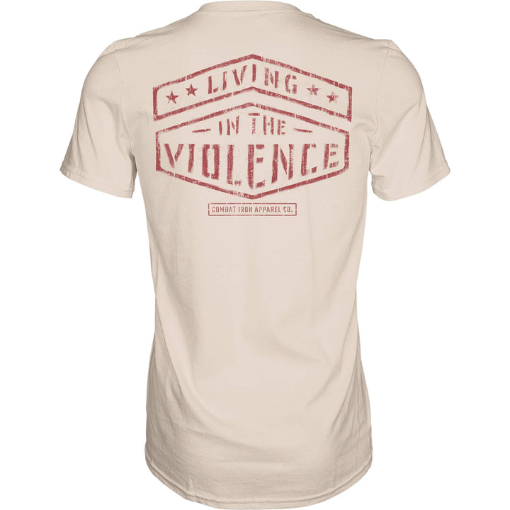 Men’s t-shirt with the words “Living in the violence” #color_tan