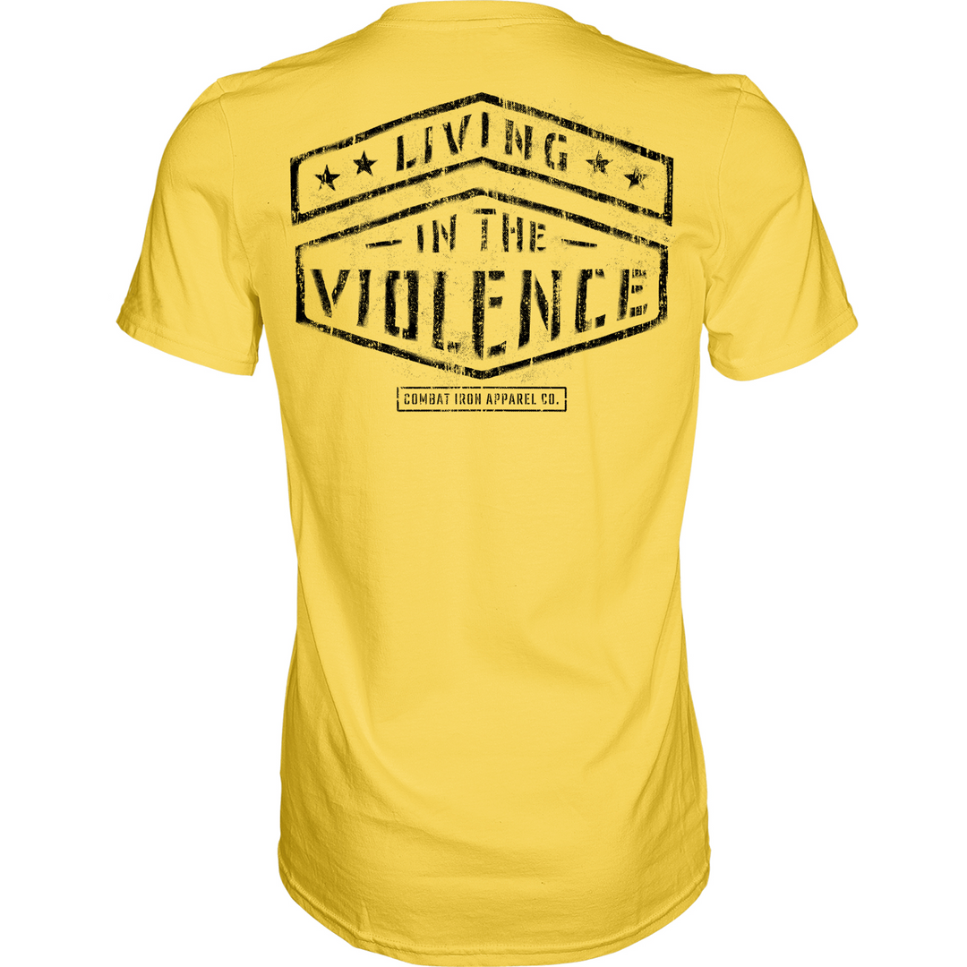 Men’s t-shirt with the words “Living in the violence” #color_yellow