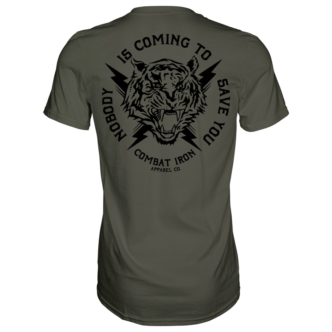 Men’s t-shirt with the message “Nobody is coming to save you” #color_military-green