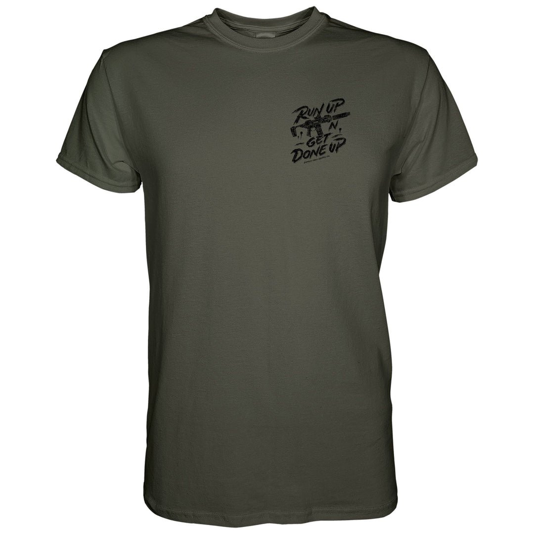 Men’s military style Veteran shirt with the message “Run up ‘n get done up” with an AR #color-military-green