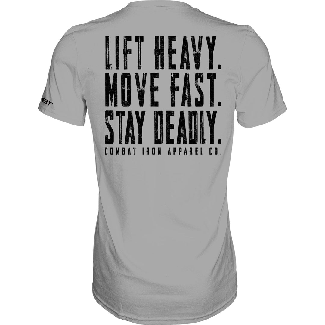 Lift heavy. Move fast. Stay deadly. Men’s t-shirt #color_rocky-gray