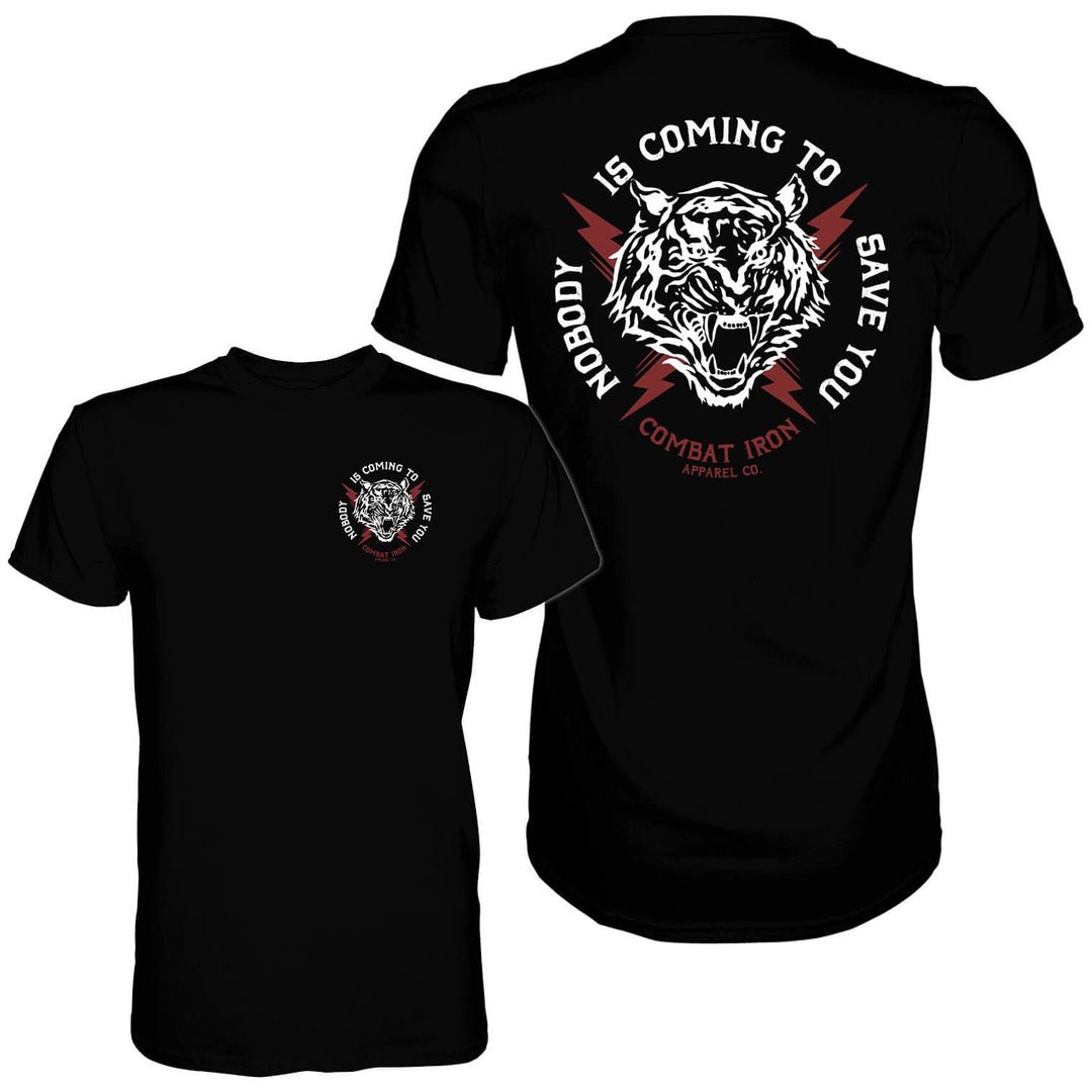 Men’s black t-shirt with the message “Nobody is coming to save you” with white and red details #color_black