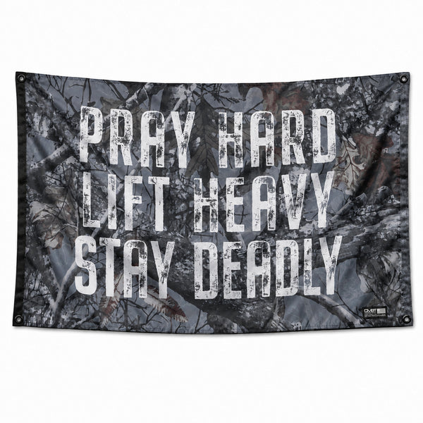 Pray Hard. Lift Heavy. Stay Deadly. 3' x 5' Flag