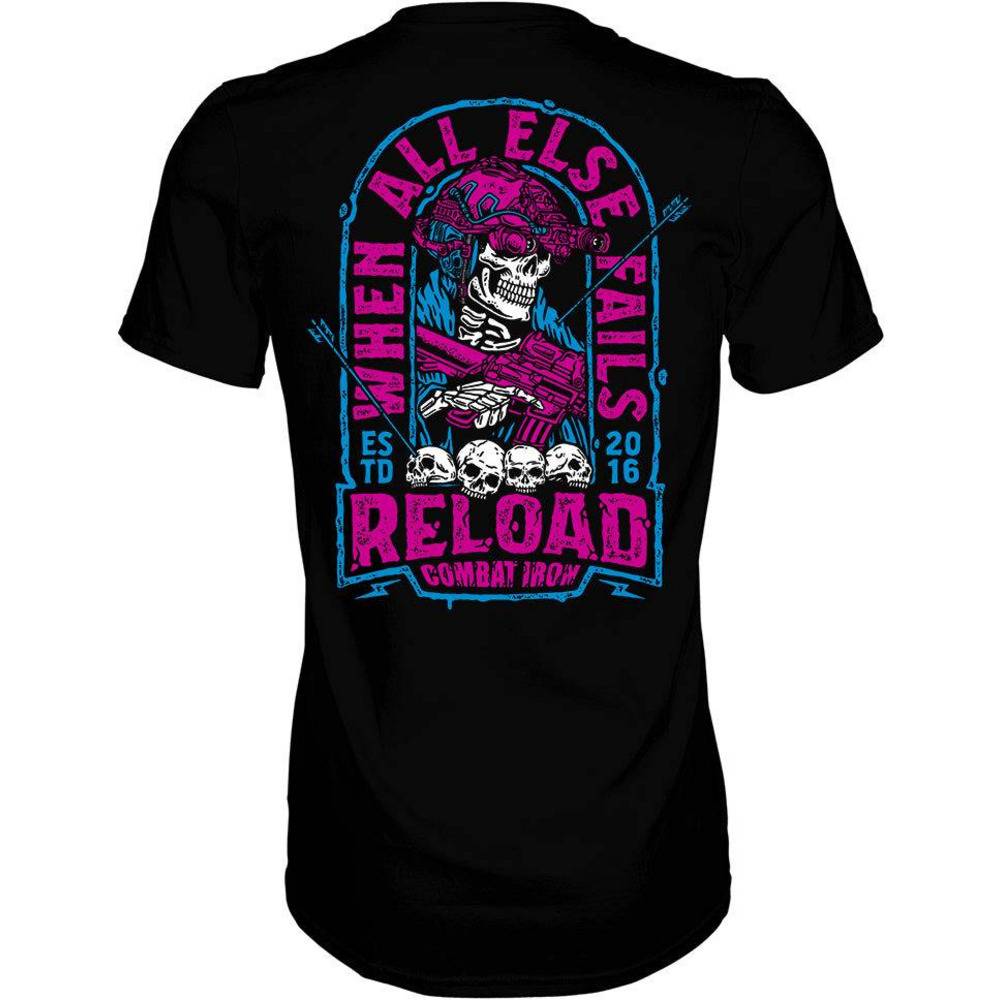 Men’s t-shirt with the words “When all else fails, reload” with a skull on the front  #color_black