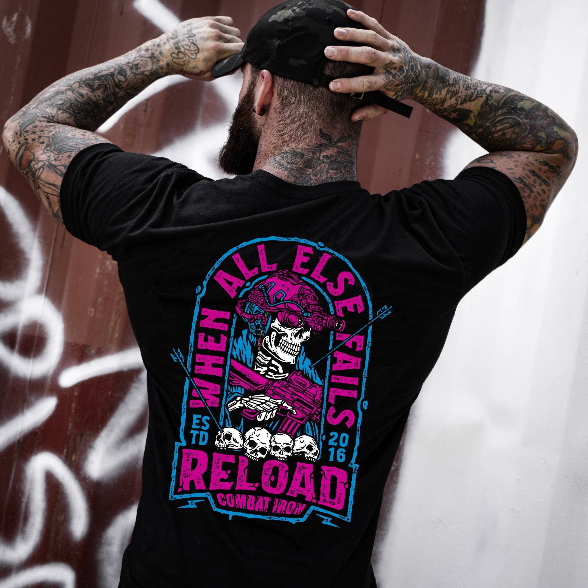 Men’s t-shirt with the words “When all else fails, reload” with a skull on the front  #color_black