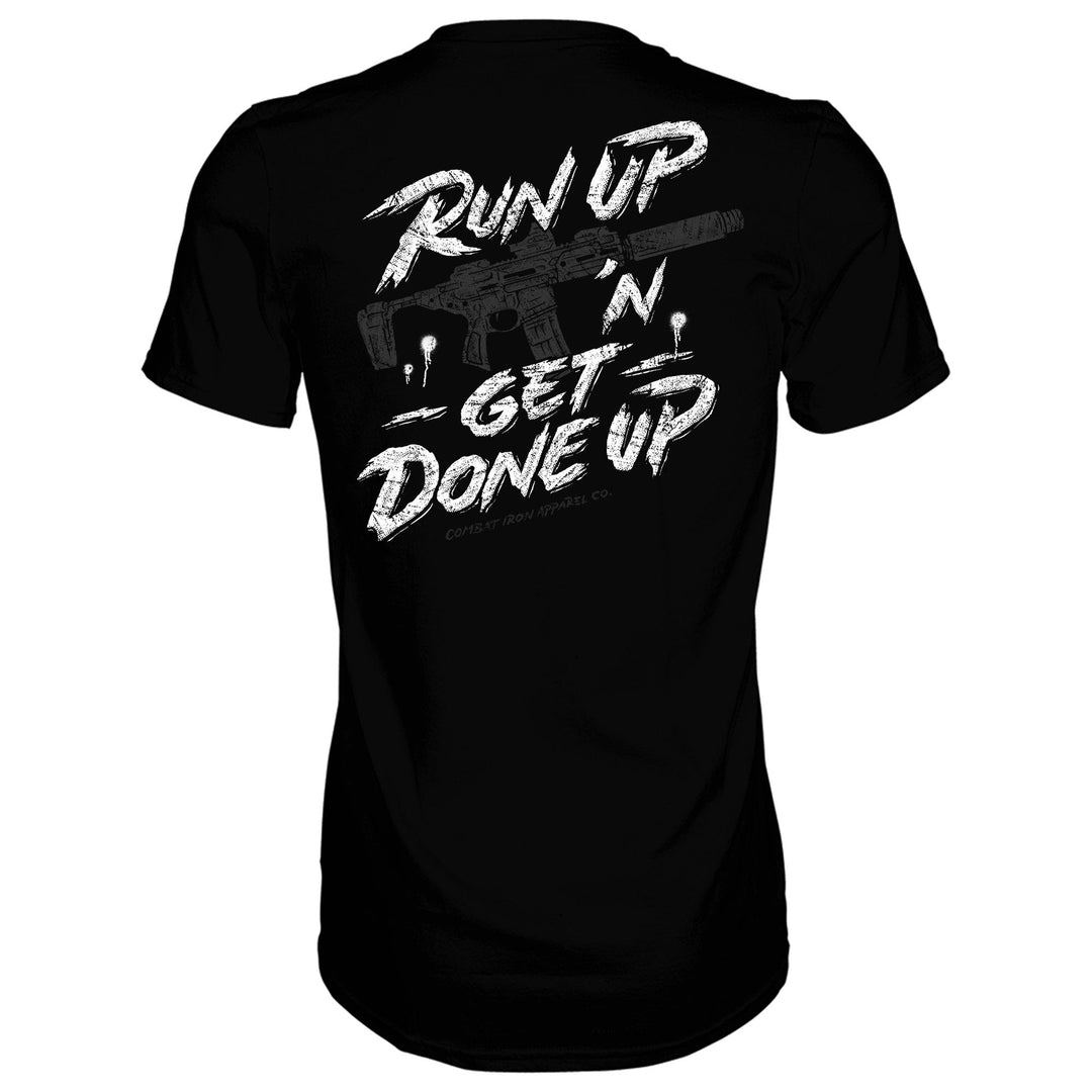 Men’s military style Veteran shirt with the message “Run up ‘n get done up” with an AR #color-black