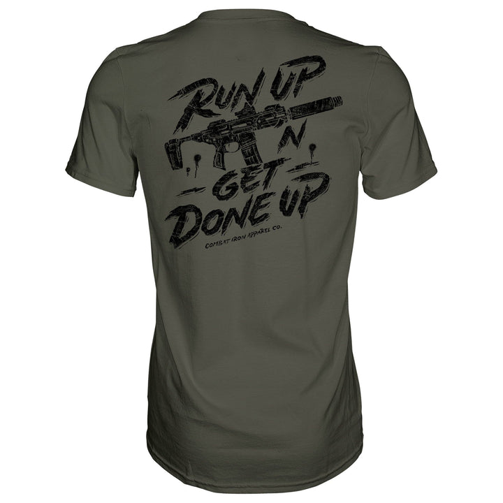 Men’s military style Veteran shirt with the message “Run up ‘n get done up” with an AR #color-military-green