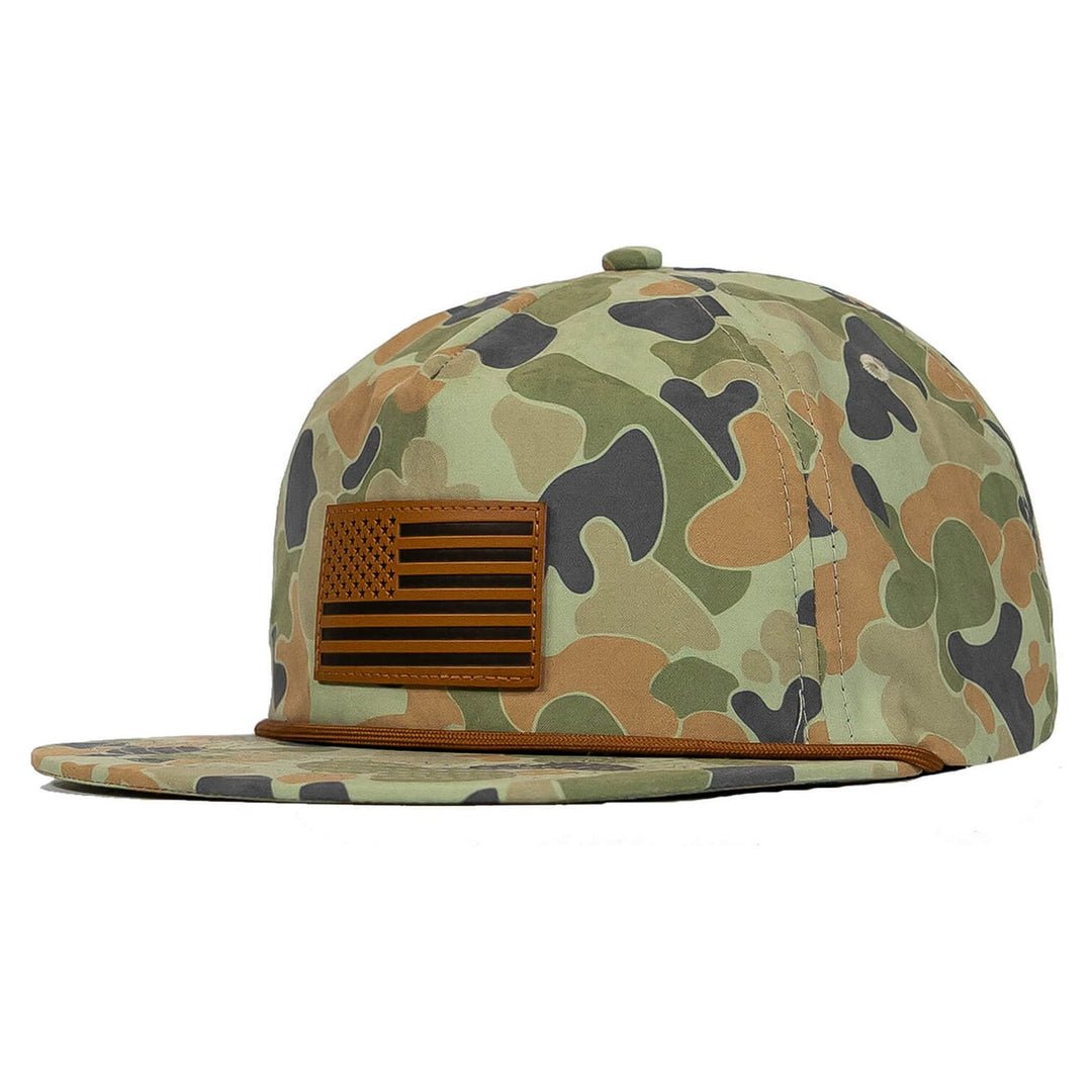 AMERICAN FLAG PATCH CRUSHABLE ROPE SNAPBACK | FROGSKIN DUCK CAMO HAT