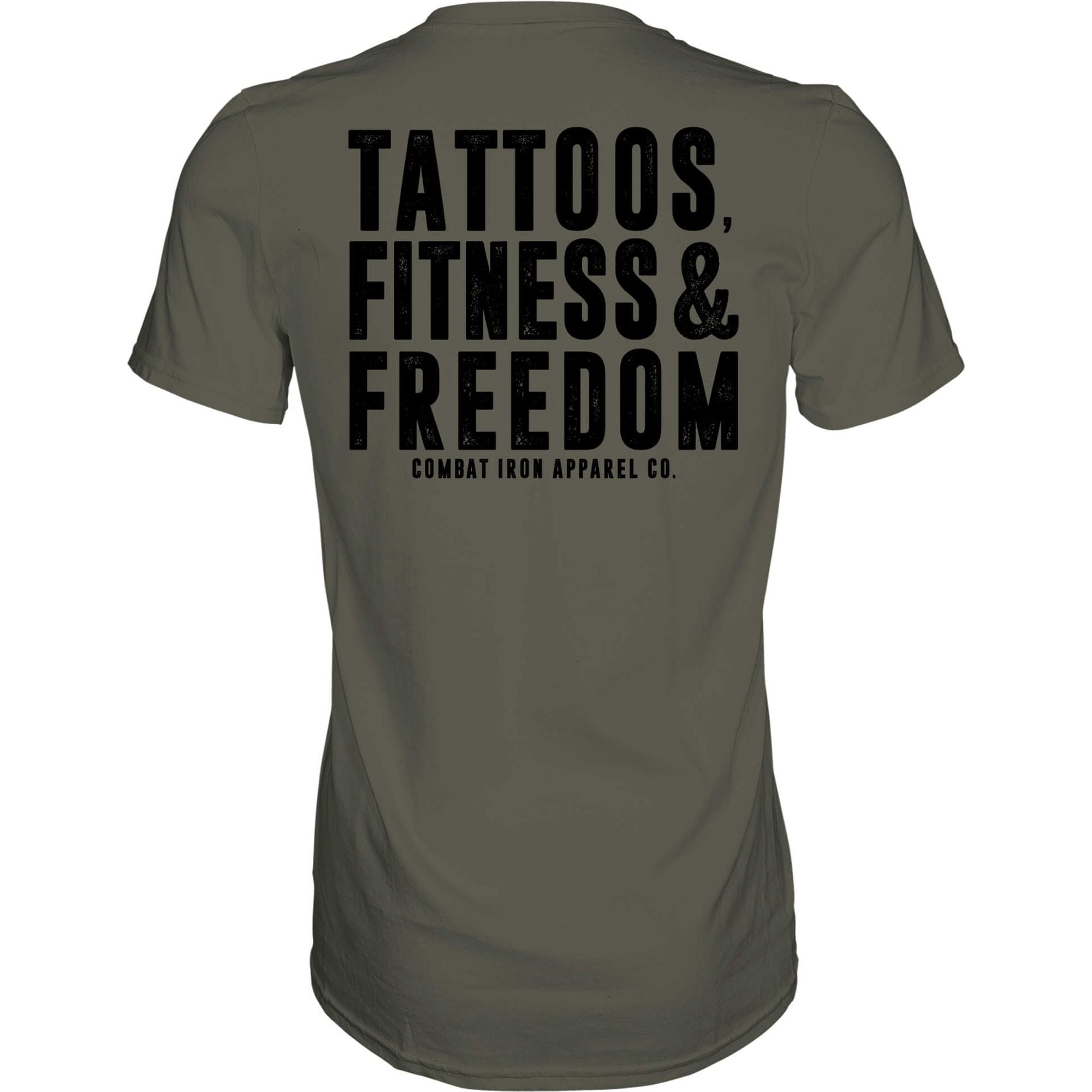 Men’s t-shirt with the words “Tattoos, fitness & freedom” #color_military-green