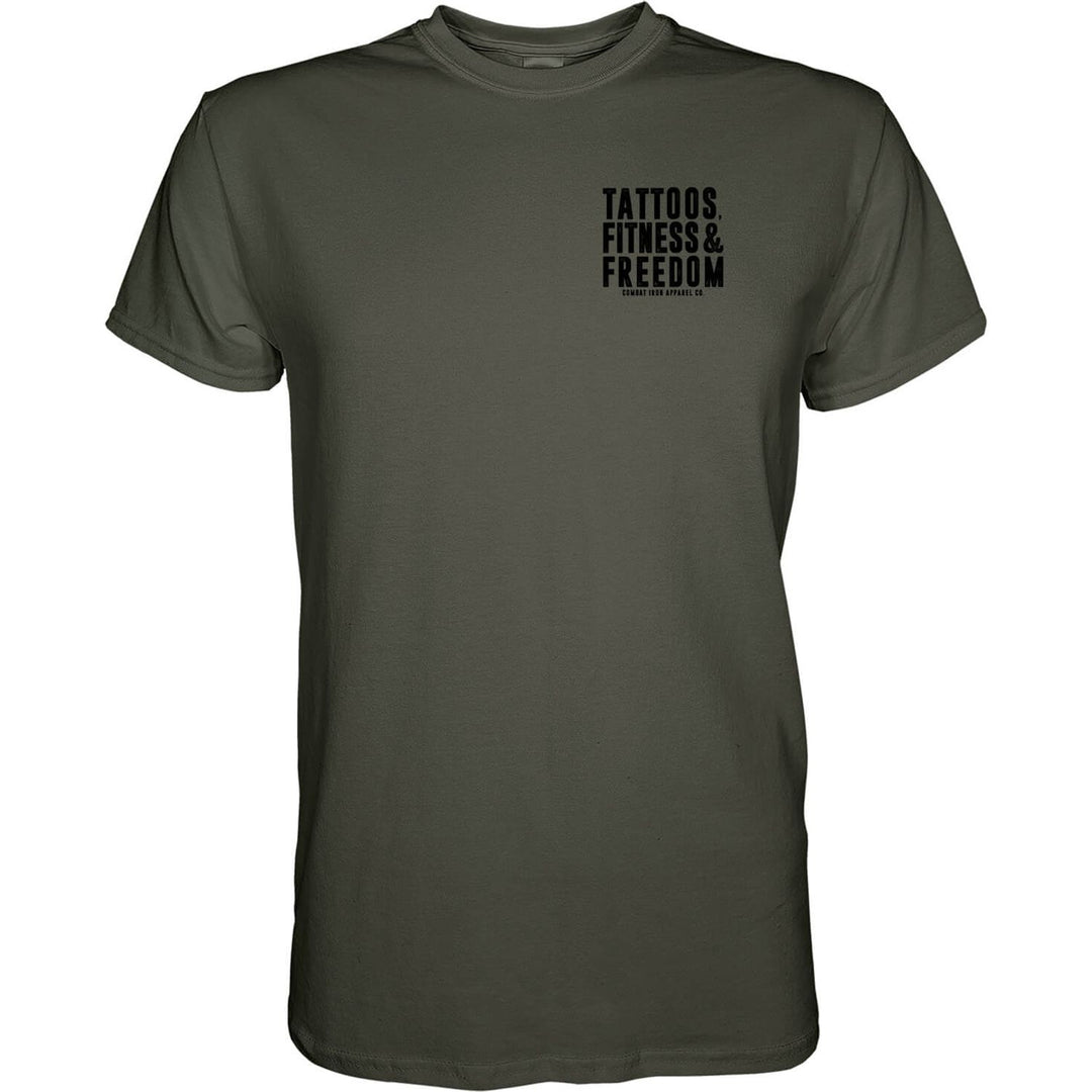 Men’s t-shirt with the words “Tattoos, fitness & freedom” #color_military-green