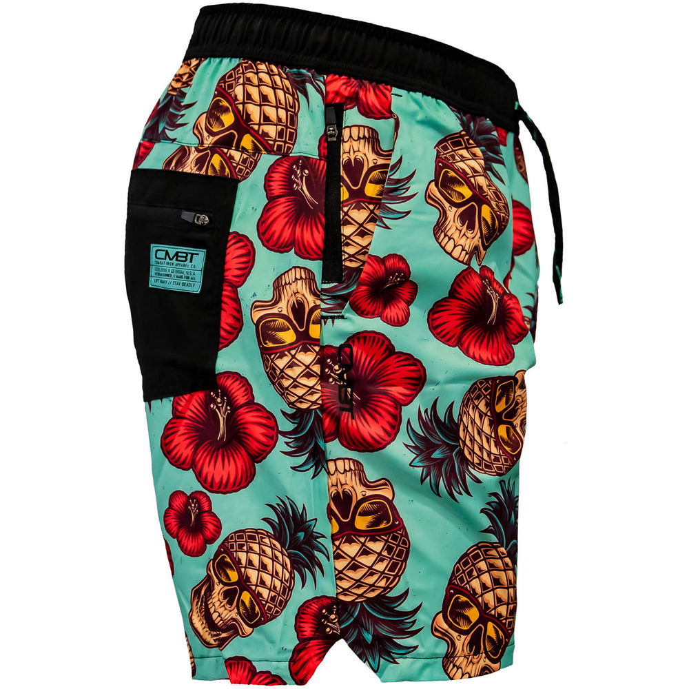 Men’s hybrid training and swim shorts with skulls, pineapples, and flowers #color_teal-pineapple-express