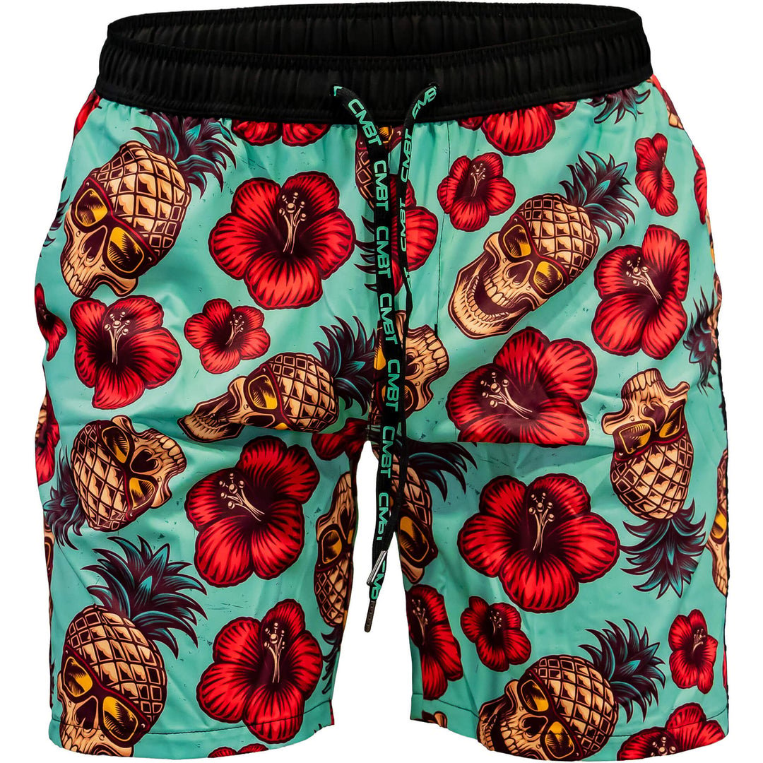 Men’s hybrid training and swim shorts with skulls, pineapples, and flowers #color_teal-pineapple-express