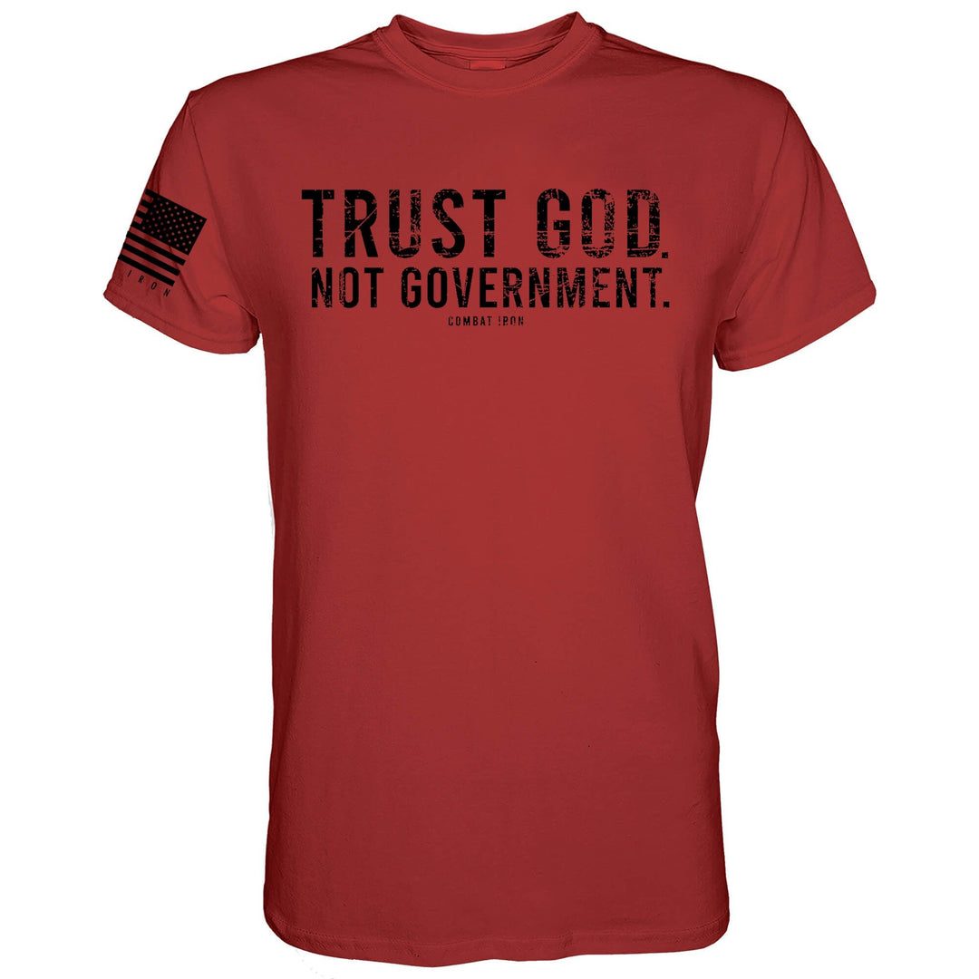 Men’s black t-shirt with the message “Trust God. Not government.” with letters and a American flag on the sleeve #color_red