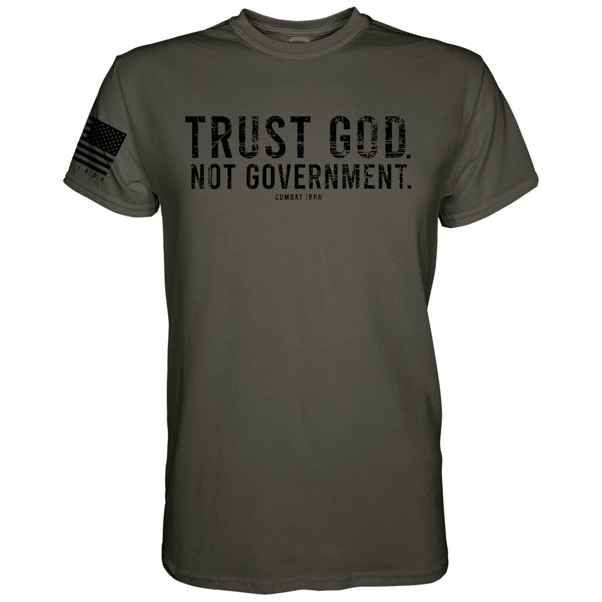 Men’s black t-shirt with the message “Trust God. Not government.” with letters and a American flag on the sleeve #color_military-green