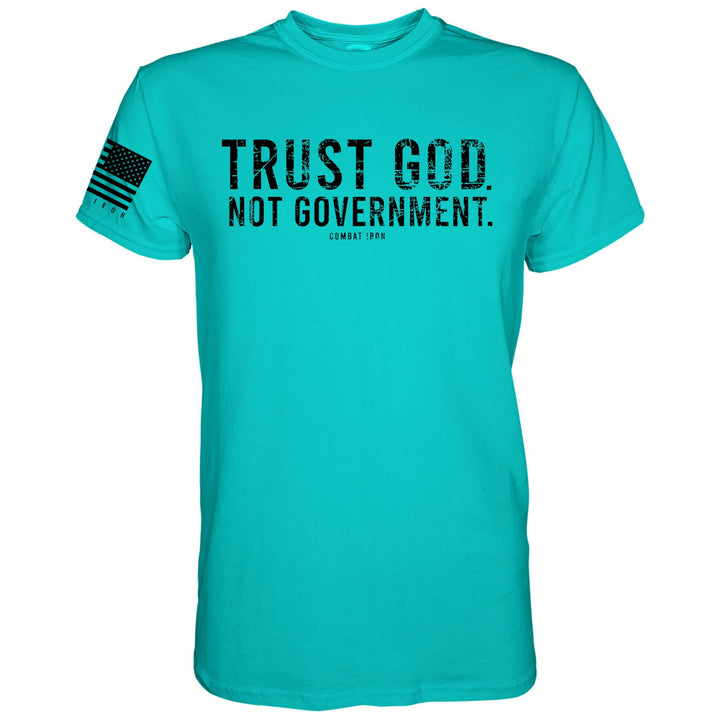 Men’s black t-shirt with the message “Trust God. Not government.” with letters and a American flag on the sleeve #color_tahiti-blue