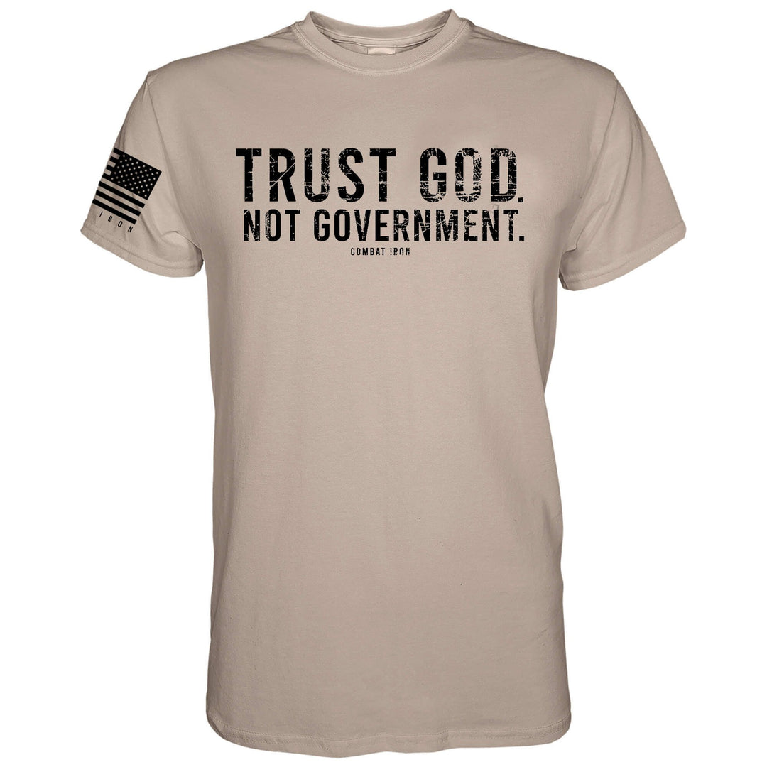 Men’s black t-shirt with the message “Trust God. Not government.” with letters and a American flag on the sleeve #color_tan