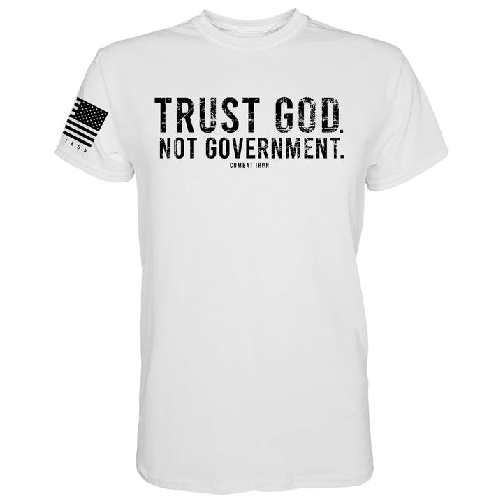Men’s white t-shirt with the message “Trust God. Not government.” with white letters and a white American flag on the sleeve #color_white