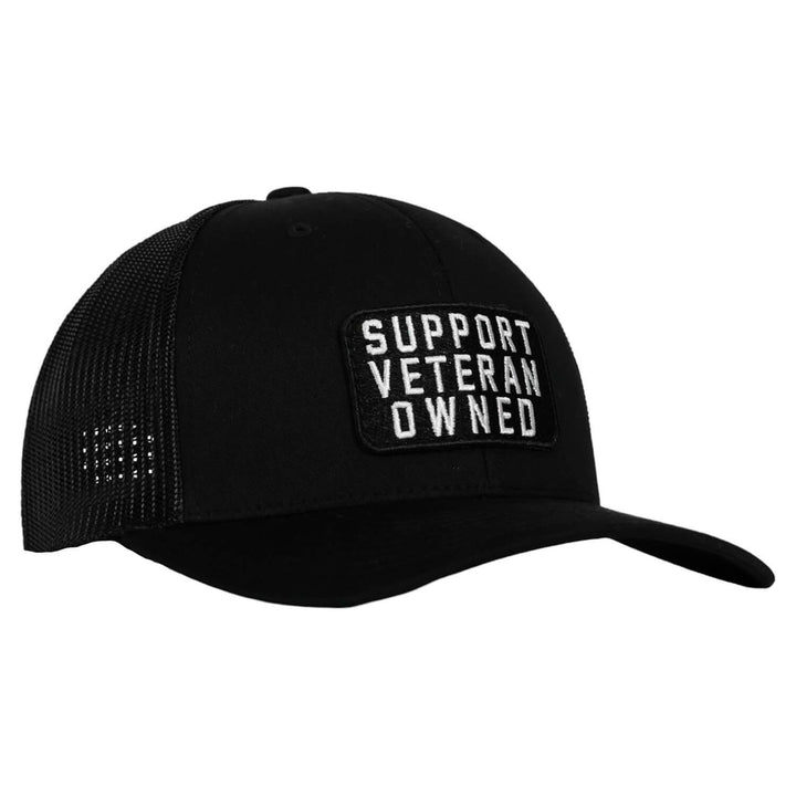 A black mid-profile mesh snapback with a patch that says “Support veteran owned” in white letters #color_black-black