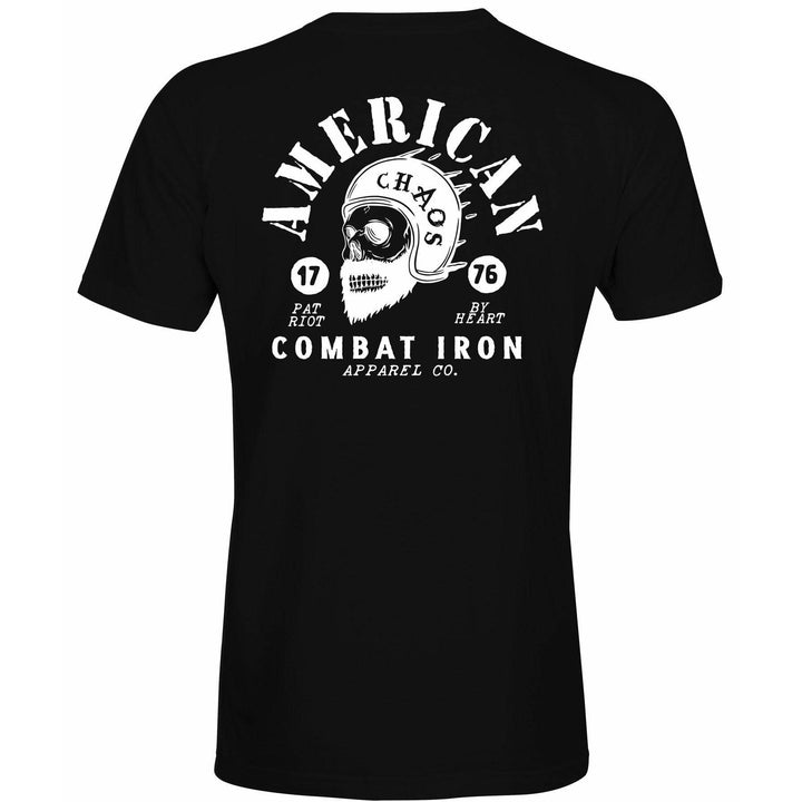A black men’s t-shirt with the words “American chaos” with a bearded skull in the front and the words “Combat Iron” below the skull #color_black