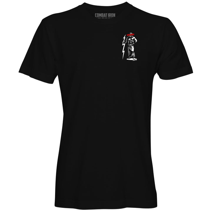 Men’s Zeus aesthetic AF black t-shirt with Zeus on the front, holding a lightning #color_black