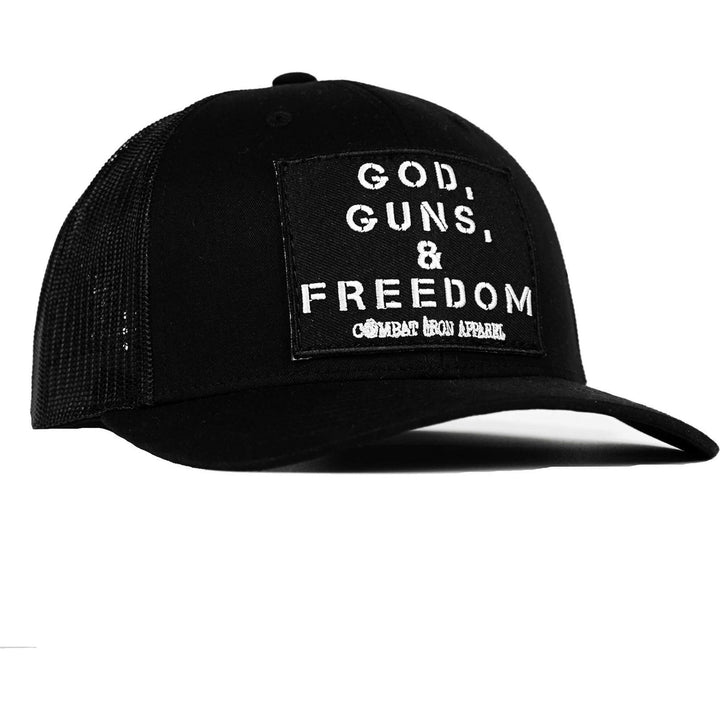 A operator ripstop dad hat with a black patch saying “God, guns, and freedom” #color_black-black