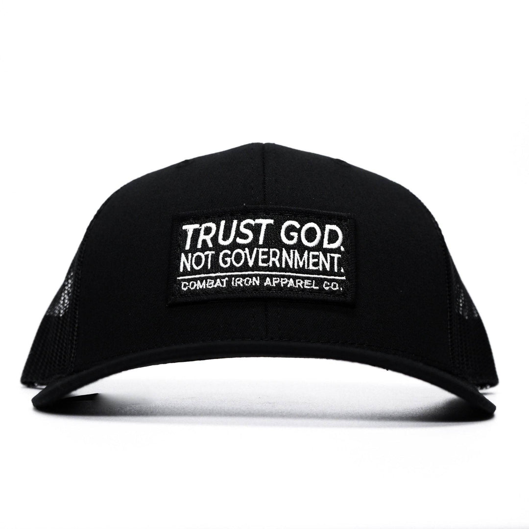 A black mid-profile mesh snapback with the words “Trust God. Not government.” in white on the front #color_black-black