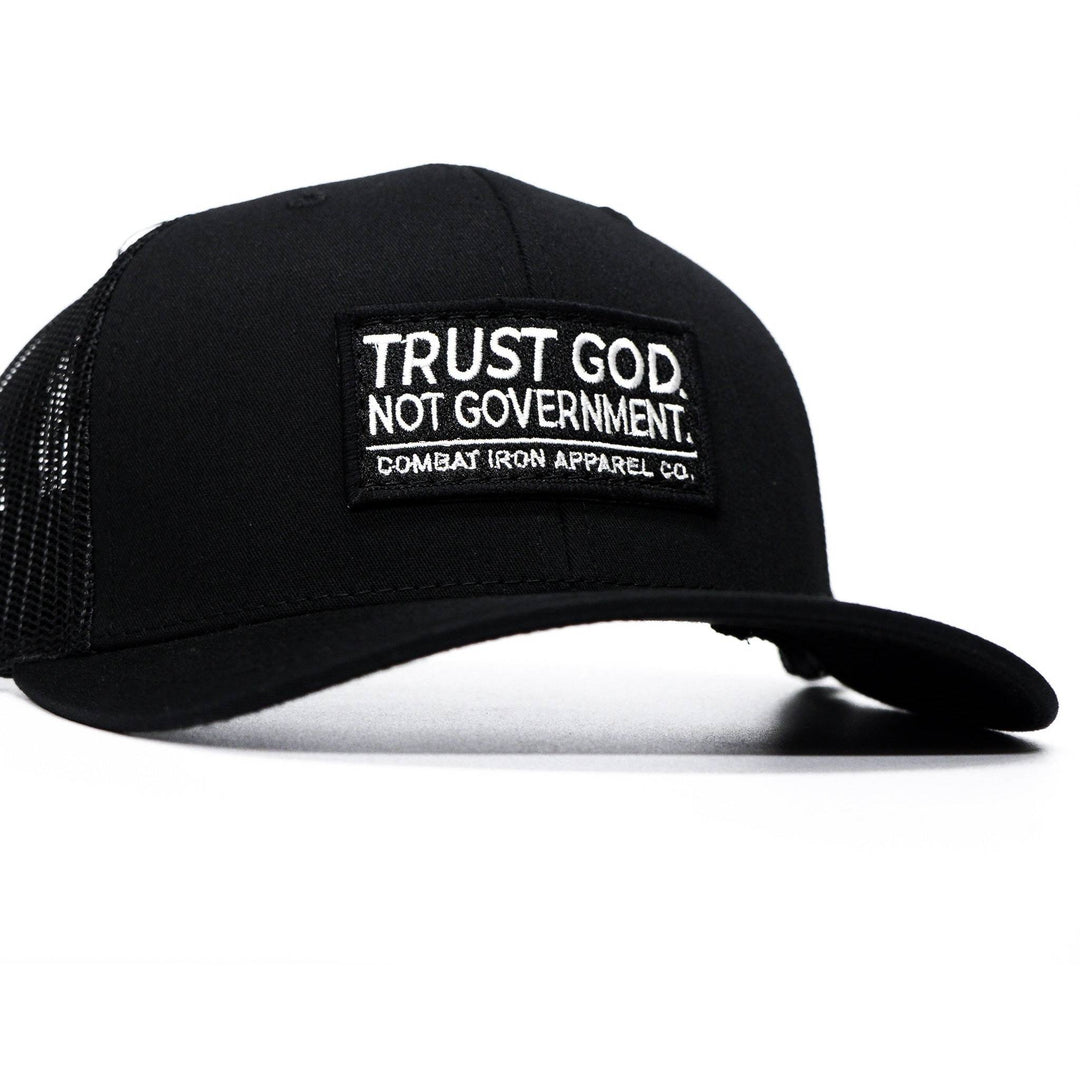  A black mid-profile mesh snapback with the words “Trust God. Not government.” in white on the front #color_black-black