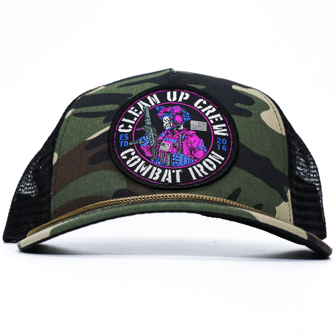 A camo retro rope snapback with a “clean up crew Miami” edition patch on the front in pink and blue #color_bdu-camo-black