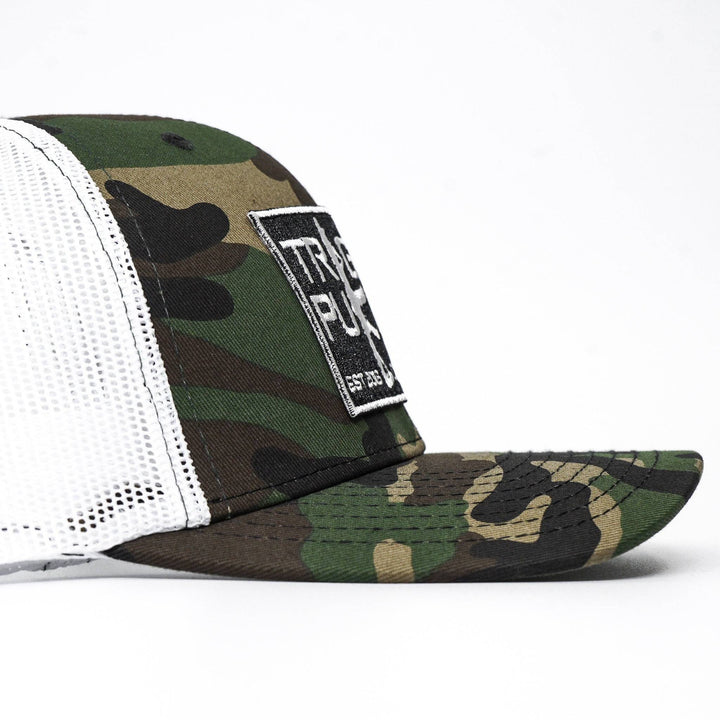 A mid-profile mesh snapback with the words “Trigger puller” on the front in white #color_bdu-camo-white