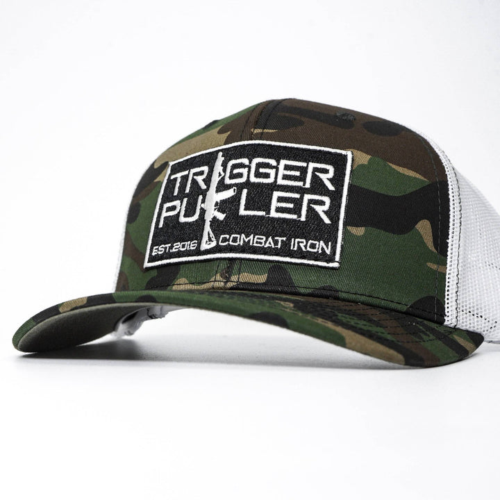 A mid-profile mesh snapback with the words “Trigger puller” on the front in white #color_bdu-camo-white